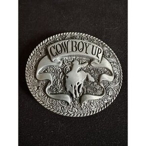 Cowboy Buckle New "Cowboy Up" Rodeo Western‎ Men's Bull Belt Buckle Silver Tone
